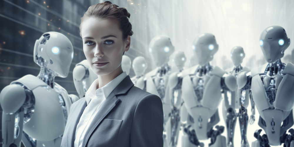 Person Surrounded By Ai Robots Coworkers