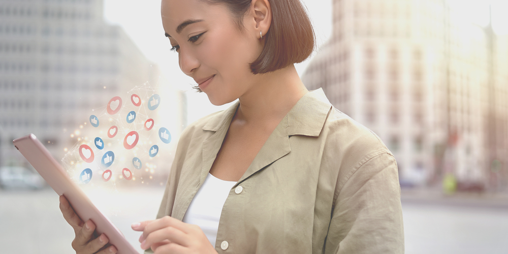 Asian Woman Interactions Mobile Phone Concept With Notification Icons Like Message Email Comment Star Smartphone Screen Person Hands Holding Device Internet Digital Marketing